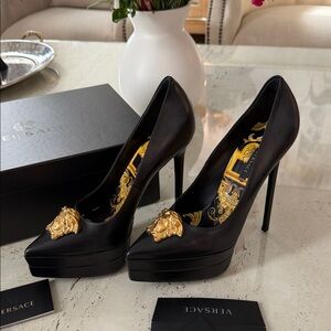 Versace Black Heels with Gold Medusa Head Detail